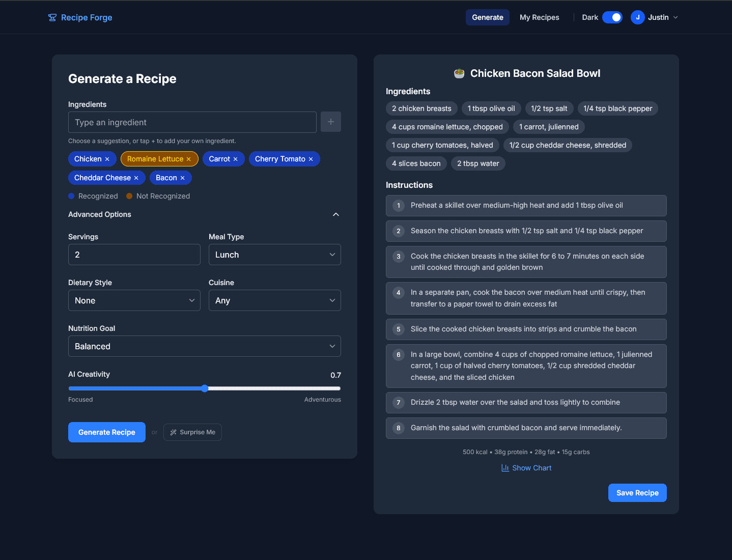 Recipe Forge generator screen with meal preferences and generated recipe output.
