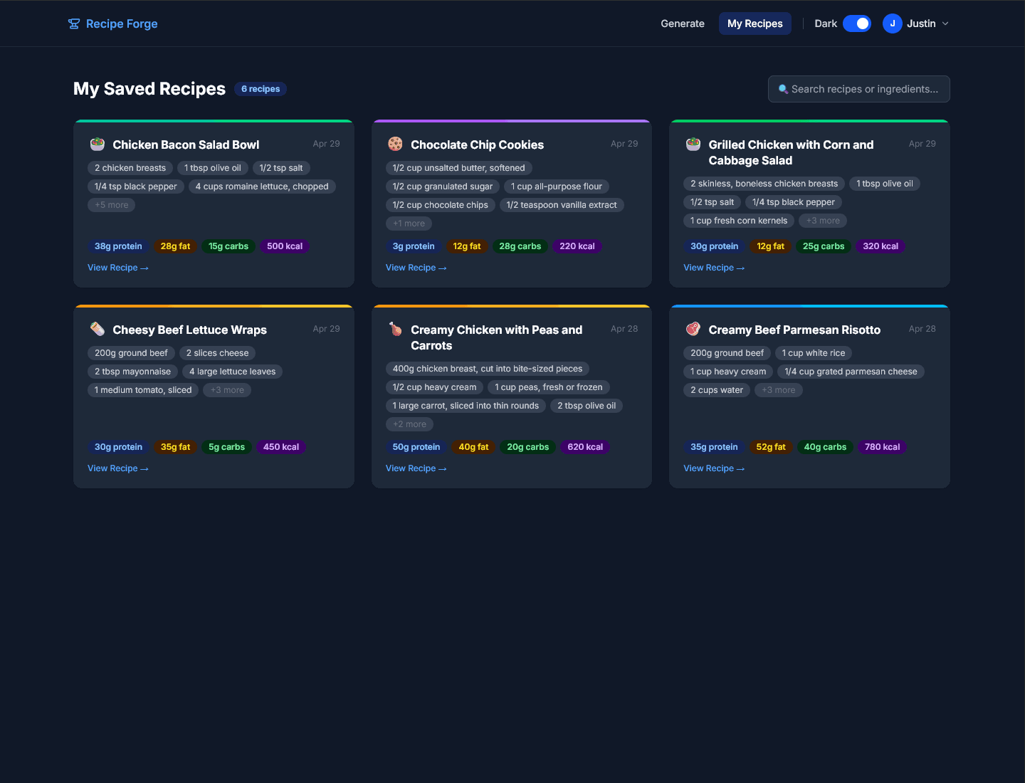 Recipe Forge saved recipes screen with recipe cards and filtering.